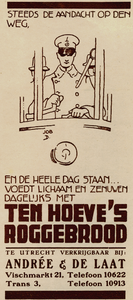 717407 Advertentie voor Ten Hoeve's Roggebrood, dat in Utrecht verkrijgbaar is bij de N.V. Luxe Broodbakkerijen v.h. ...